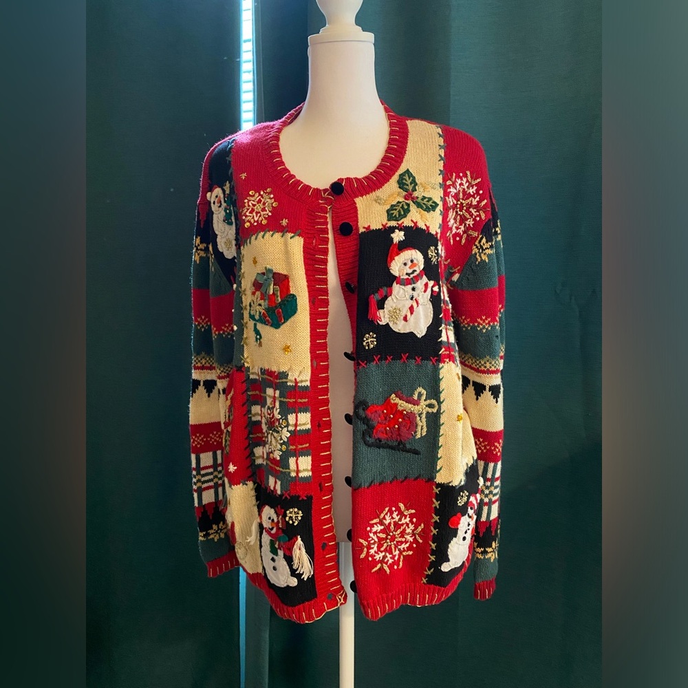Vintage Christmas Patchwork Cardigan Heirloom Collectibles Ugly Sweater Sz S